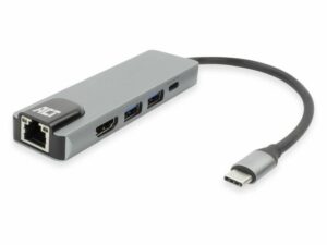 ACT AC7091 | USB-C 4K Docking Station | HDMI 2.0 (4K@60 Hz) + Gigabit Ethernet + 2× USB-A + USB-C PD Pass-Through | Aluminium | Grijs/Zilver
