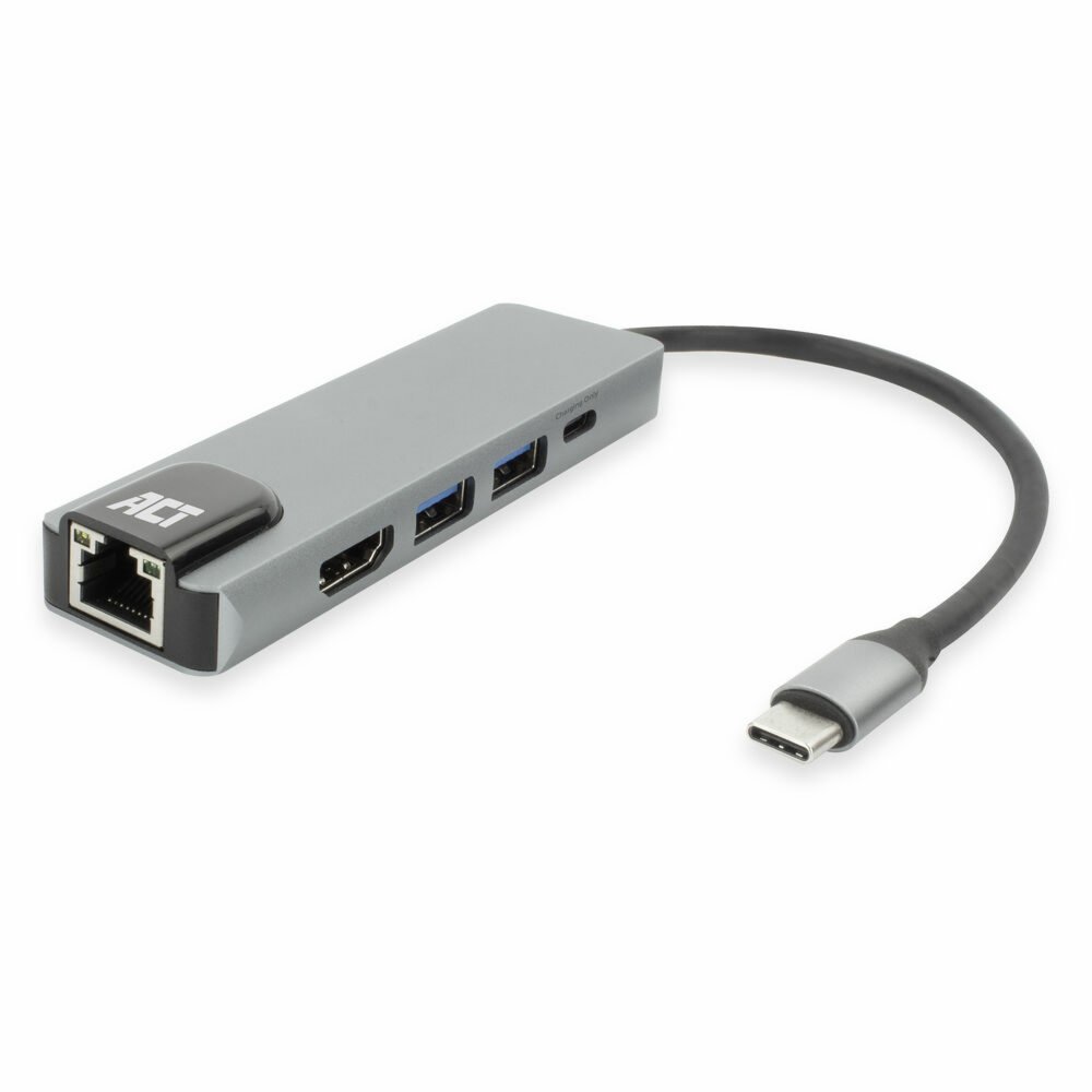 ACT AC7091 | USB-C 4K Docking Station | HDMI 2.0 (4K@60 Hz) + Gigabit Ethernet + 2× USB-A + USB-C PD Pass-Through | Aluminium | Grijs/Zilver 1 ACT AC7091 | USB-C 4K Docking Station | HDMI 2.0 (4K@60 Hz) + Gigabit Ethernet + 2× USB-A + USB-C PD Pass-Through | Aluminium | Grijs/Zilver