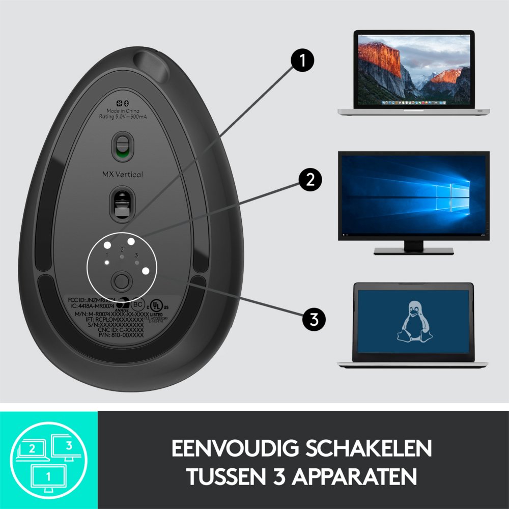 Logitech MX Vertical | Draadloze Ergonomische Muis | Rechtshandig | RF + Bluetooth + USB-C | 4000 DPI suggestie | Grafiet 8 Logitech MX Vertical | Draadloze Ergonomische Muis | Rechtshandig | RF + Bluetooth + USB-C | 4000 DPI suggestie | Grafiet - Afbeelding 8
