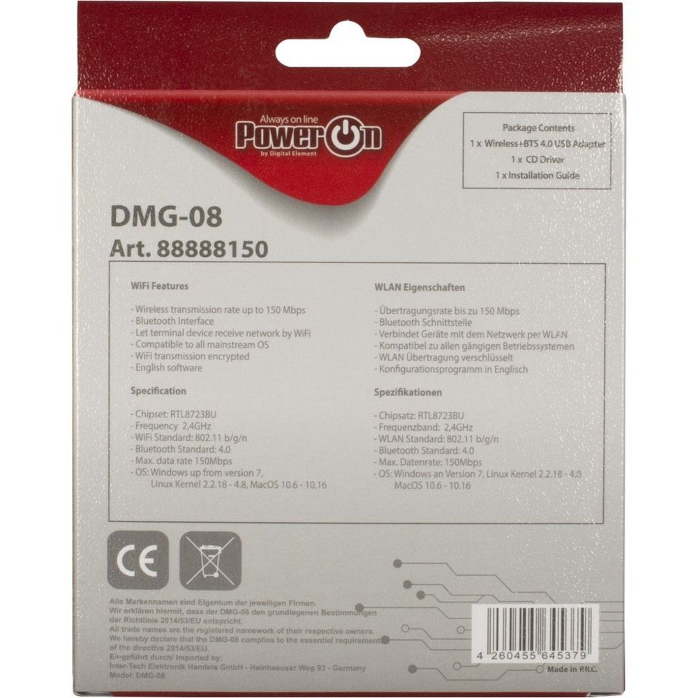 Inter-Tech DMG-08 | Wi-Fi 4 & Bluetooth 4.0 USB Adapter | 150 Mbps | 2,4 GHz | USB 2.0 | Zwart 4 Inter-Tech DMG-08 | Wi-Fi 4 & Bluetooth 4.0 USB Adapter | 150 Mbps | 2,4 GHz | USB 2.0 | Zwart - Afbeelding 4