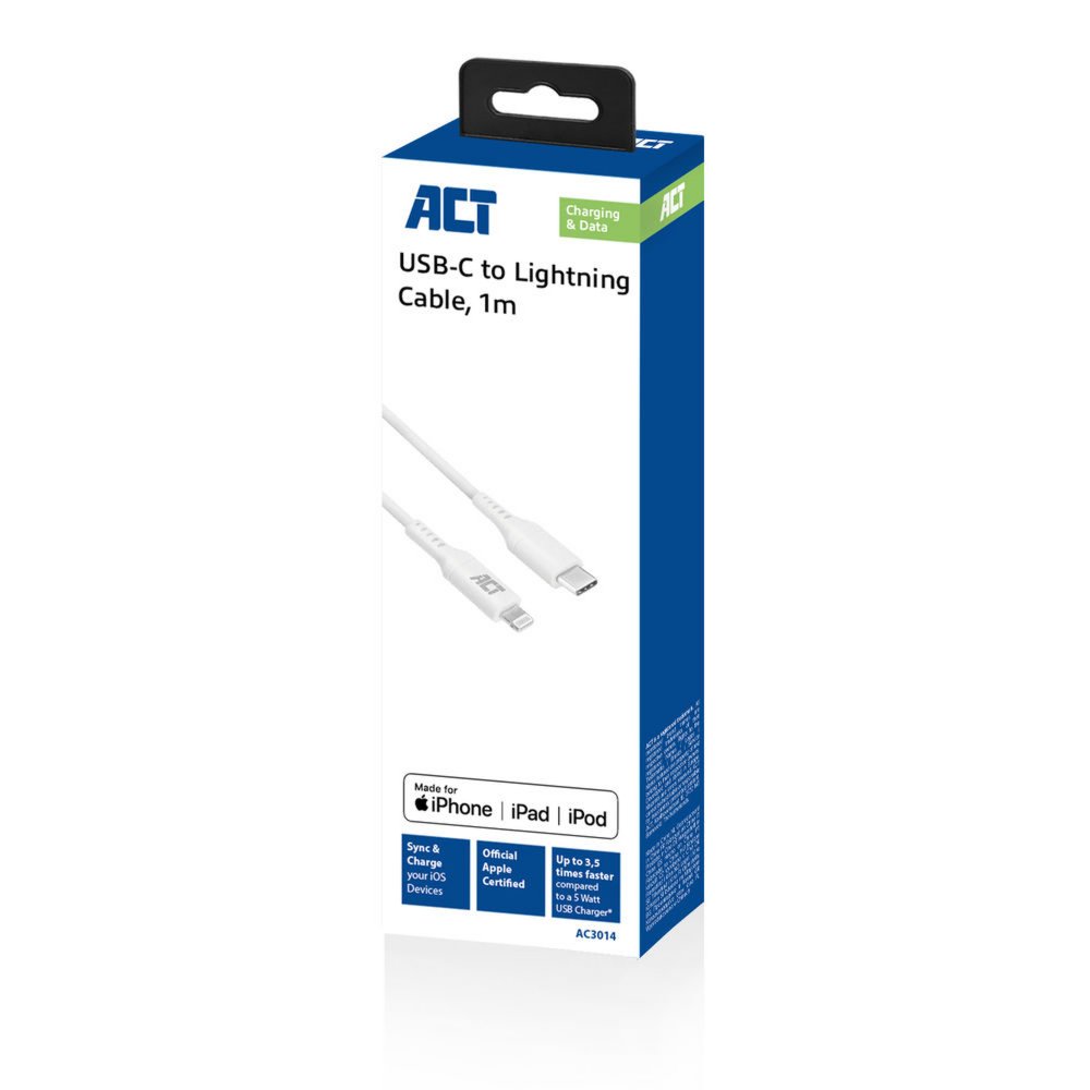 ACT kabel | USB-C naar Lightning | 1 m | Wit | AC3014 2 ACT kabel | USB-C naar Lightning | 1 m | Wit | AC3014 - Afbeelding 2