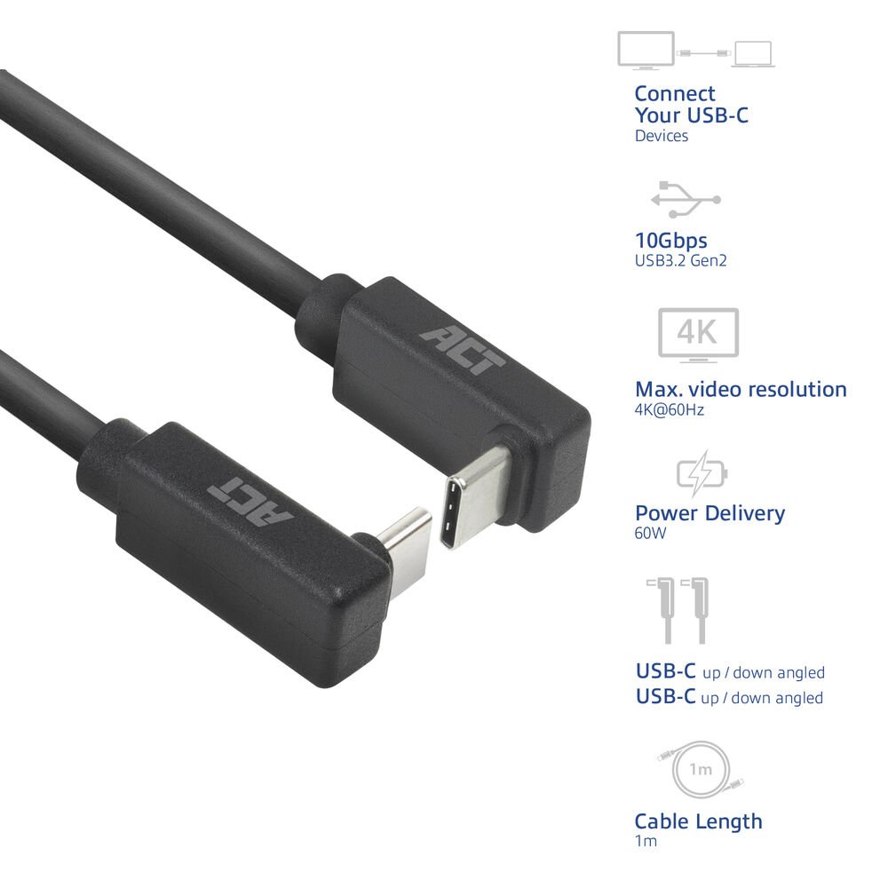 ACT AC7477 | USB 3.2 Gen 2 Kabel | USB-C (haaks boven/beneden) naar USB-C (haaks boven/beneden) | 60W | 10Gbps | 1m | Zwart 6 ACT AC7477 | USB 3.2 Gen 2 Kabel | USB-C (haaks boven/beneden) naar USB-C (haaks boven/beneden) | 60W | 10Gbps | 1m | Zwart - Afbeelding 6
