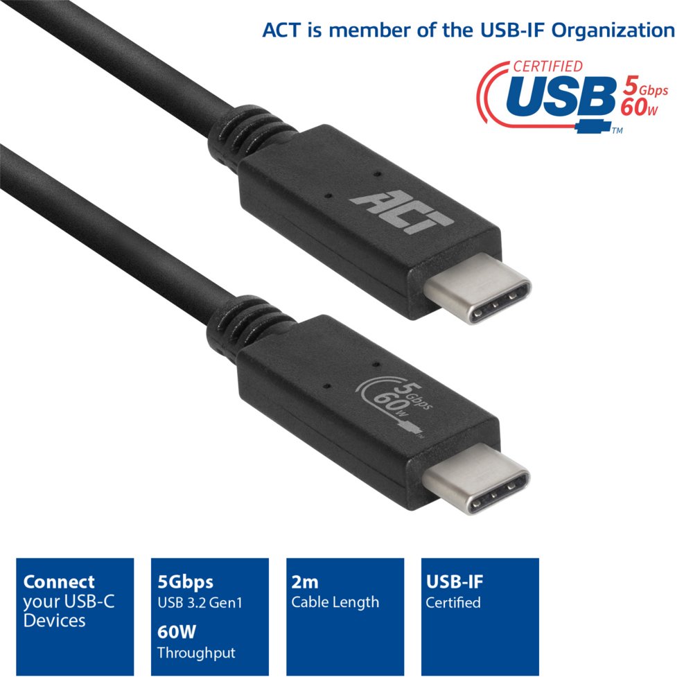 ACT AC7402 | USB 3.2 Gen 1 Kabel | USB-C naar USB-C | 2m | Zwart 3 ACT AC7402 | USB 3.2 Gen 1 Kabel | USB-C naar USB-C | 2m | Zwart - Afbeelding 3