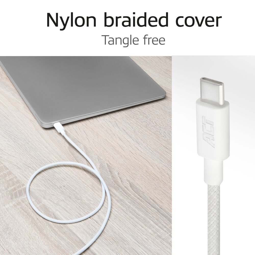 ACT AC3084 | USB 2.0 Kabel | USB-C naar USB-C | 240W | 480Mbps | Wit | 1 Meter 3 ACT AC3084 | USB 2.0 Kabel | USB-C naar USB-C | 240W | 480Mbps | Wit | 1 Meter - Afbeelding 3