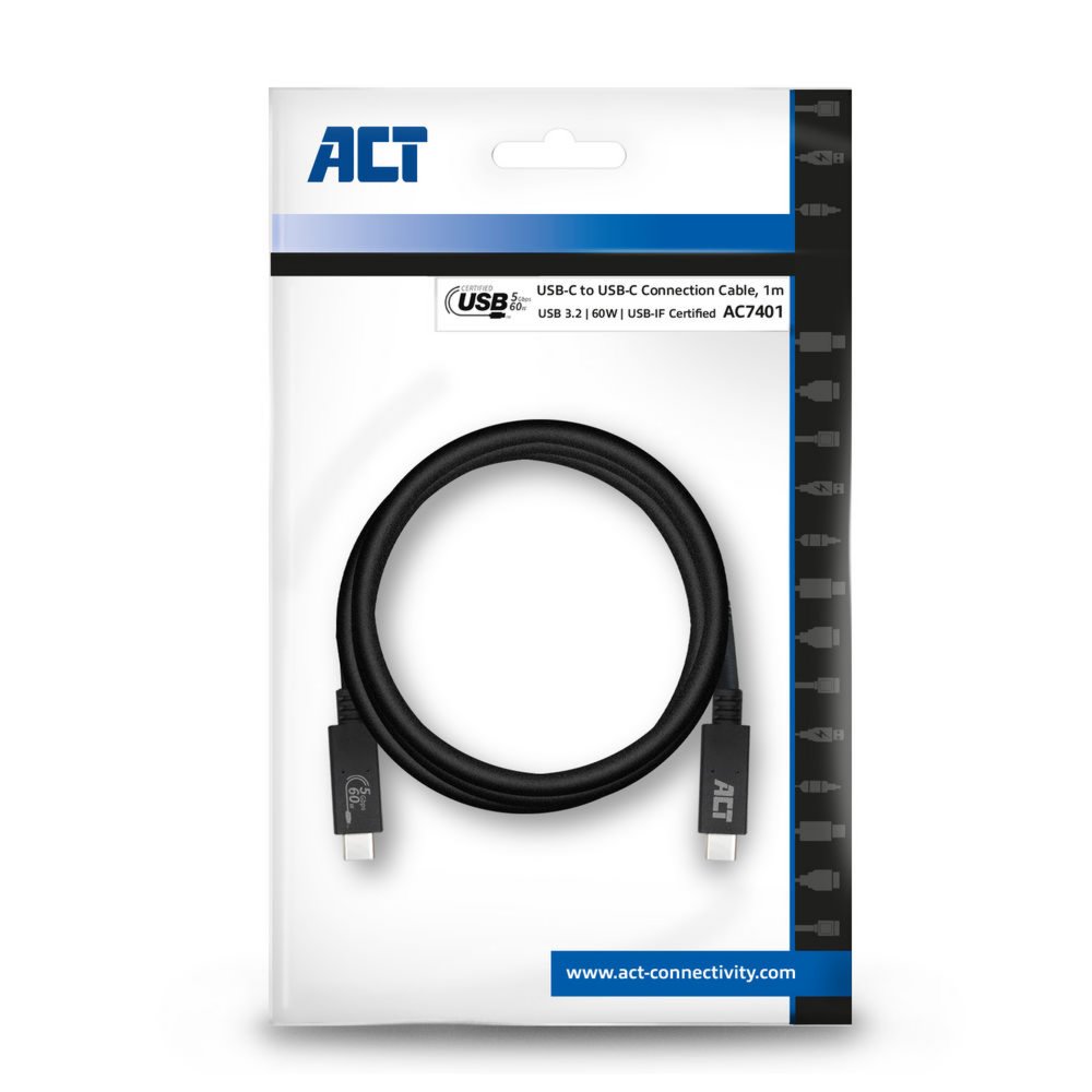 ACT AC7401 | USB 3.2 Gen 1 Kabel | USB-C naar USB-C | 1m | Zwart 2 ACT AC7401 | USB 3.2 Gen 1 Kabel | USB-C naar USB-C | 1m | Zwart - Afbeelding 2
