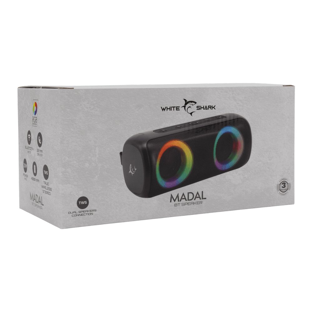 White Shark GBT-876 MADAL | Draagbare Bluetooth Speaker | 2×10W RMS | 4000mAh Accu | RGB 6 White Shark GBT-876 MADAL | Draagbare Bluetooth Speaker | 2×10W RMS | 4000mAh Accu | RGB - Afbeelding 6