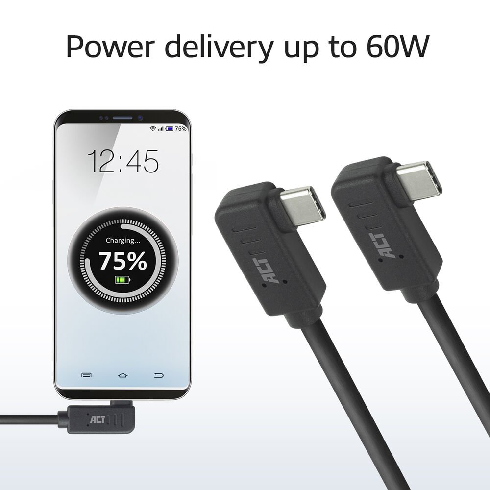 ACT AC7487 | USB 3.2 Gen 2 Kabel | USB-C (haaks links/rechts) naar USB-C (haaks links/rechts) | 60W | 10Gbps | 1m | Zwart 4 ACT AC7487 | USB 3.2 Gen 2 Kabel | USB-C (haaks links/rechts) naar USB-C (haaks links/rechts) | 60W | 10Gbps | 1m | Zwart - Afbeelding 4