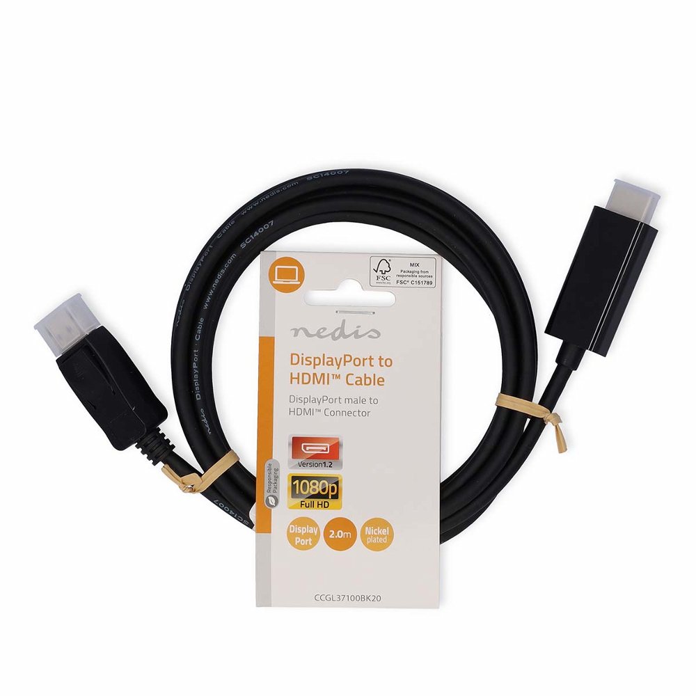 Nedis CCGL37100BK20 | DisplayPort-naar-HDMI video kabel | 2 m | DisplayPort Male naar HDMI Type A (Standaard) | Full HD 1080p | Zwart 2 Nedis CCGL37100BK20 | DisplayPort-naar-HDMI video kabel | 2 m | DisplayPort Male naar HDMI Type A (Standaard) | Full HD 1080p | Zwart - Afbeelding 2