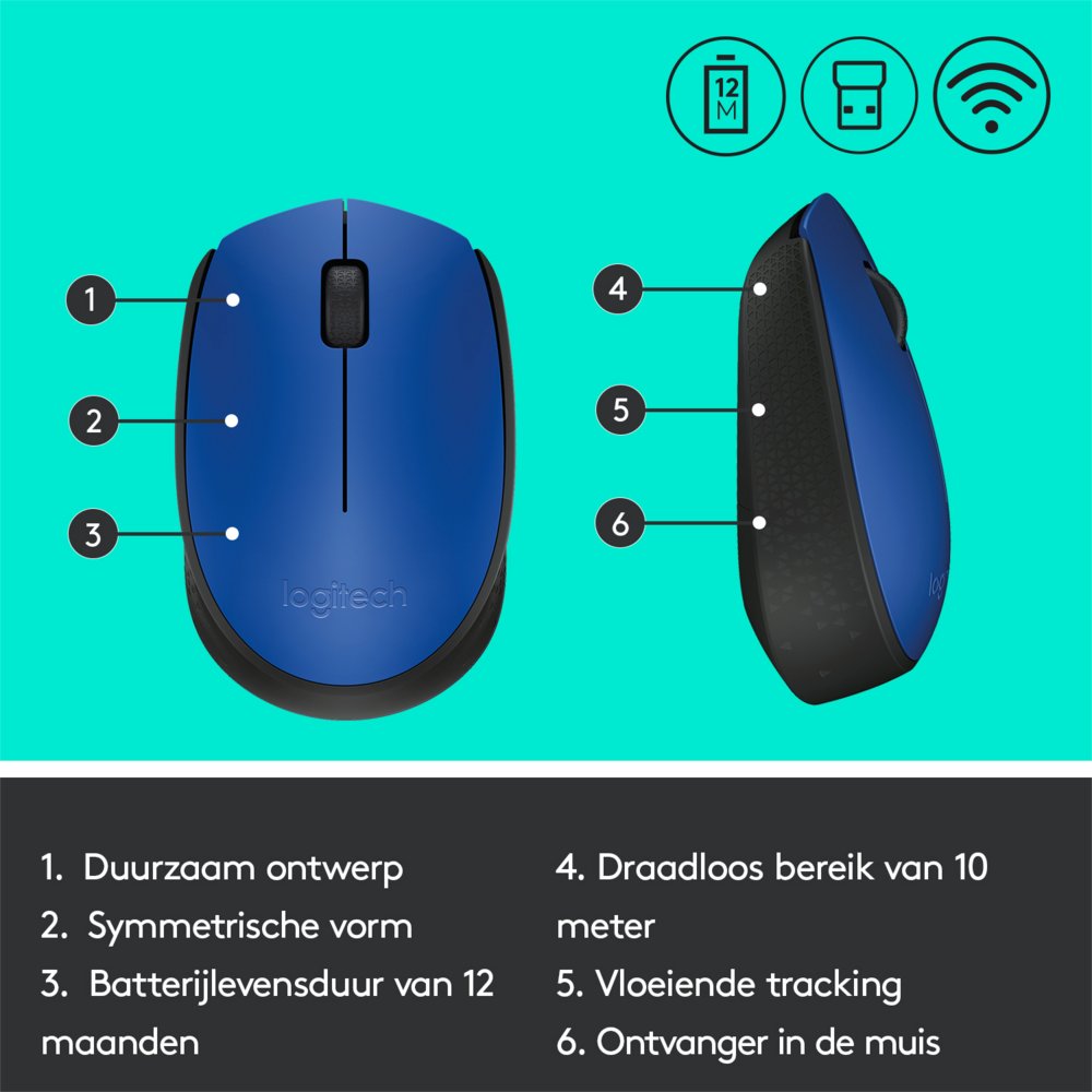 Logitech M171 | Draadloze Muis | Links- en Rechtshandig | RF | 1000 DPI | Zwart/Blauw 7 Logitech M171 | Draadloze Muis | Links- en Rechtshandig | RF | 1000 DPI | Zwart/Blauw - Afbeelding 7