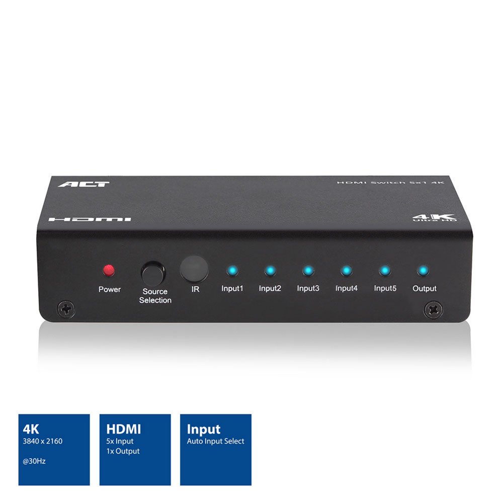 ACT AC7840 HDMI Switch | 5 Ingangen | 1 Uitgang | 4K @ 30Hz | Inclusief Afstandsbediening 3 ACT AC7840 HDMI Switch | 5 Ingangen | 1 Uitgang | 4K @ 30Hz | Inclusief Afstandsbediening - Afbeelding 3