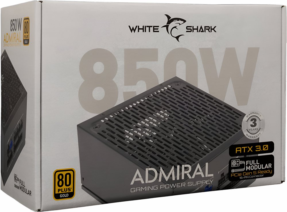 White Shark Admiral | 850 Watt Gold ATX 3.0 PSU | PCIe 5.0 | Power Supply | Voeding 1 White Shark Admiral | 850 Watt Gold ATX 3.0 PSU | PCIe 5.0 | Power Supply | Voeding