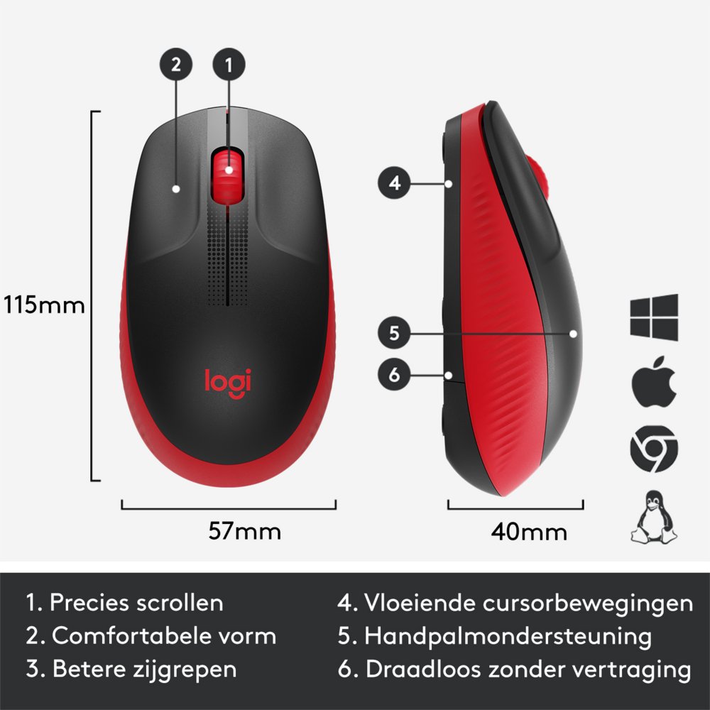 Logitech M190 | Draadloze Muis | Links- en Rechtshandig | RF | 1000 DPI | Zwart/Rood 5 Logitech M190 | Draadloze Muis | Links- en Rechtshandig | RF | 1000 DPI | Zwart/Rood - Afbeelding 5