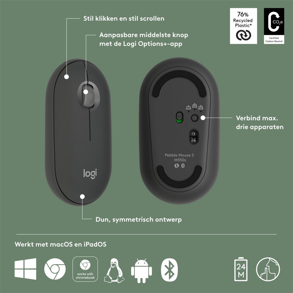 Logitech Pebble 2 M350s | Draadloze Muis | Links- en Rechtshandig | RF + Bluetooth | 4000 DPI | Grafiet 6 Logitech Pebble 2 M350s | Draadloze Muis | Links- en Rechtshandig | RF + Bluetooth | 4000 DPI | Grafiet - Afbeelding 6