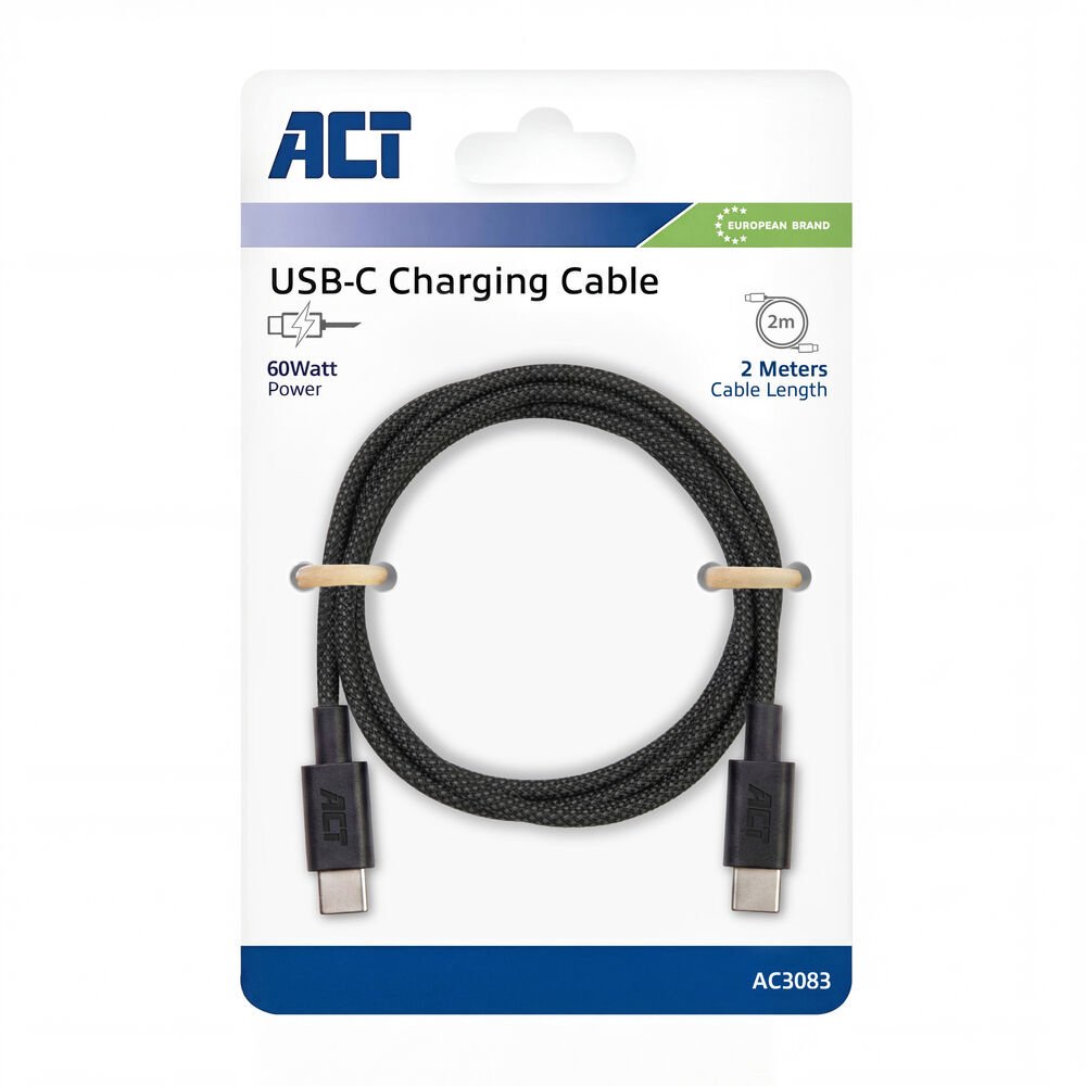 ACT AC3083 | USB 2.0 Kabel | USB-C naar USB-C | 60W | 480Mbps | Zwart | 2 Meter 4 ACT AC3083 | USB 2.0 Kabel | USB-C naar USB-C | 60W | 480Mbps | Zwart | 2 Meter - Afbeelding 4