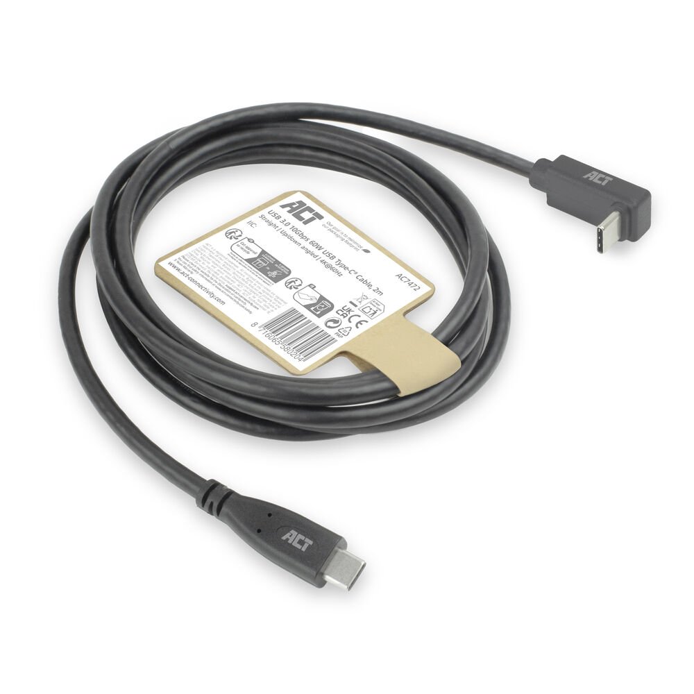 ACT AC7472 | USB 3.2 Gen 2 Kabel | USB-C (recht) naar USB-C (haaks boven/beneden) | 60W | 10Gbps | 2m | Zwart 7 ACT AC7472 | USB 3.2 Gen 2 Kabel | USB-C (recht) naar USB-C (haaks boven/beneden) | 60W | 10Gbps | 2m | Zwart - Afbeelding 7