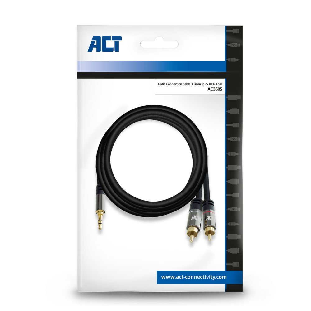 ACT AC3605 | 3.5mm naar 2x RCA Audiokabel | 1,5 Meter | Stereo | Zwart 5 ACT AC3605 | 3.5mm naar 2x RCA Audiokabel | 1,5 Meter | Stereo | Zwart - Afbeelding 5