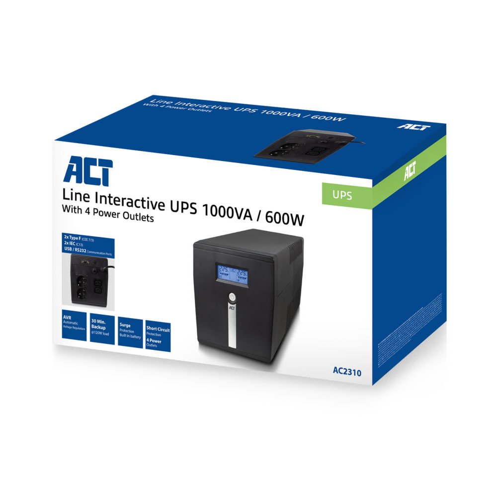 ACT Line-Interactive UPS AC2310 | 1000 VA Vermogen | 4 Uitgangen | Spanningstabilisatie met AVR | Beveiliging bij Netstoringen 4 ACT Line-Interactive UPS AC2310 | 1000 VA Vermogen | 4 Uitgangen | Spanningstabilisatie met AVR | Beveiliging bij Netstoringen - Afbeelding 4