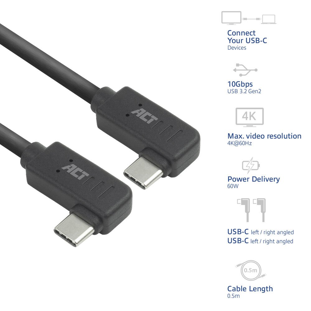 ACT AC7486 | USB 3.2 Gen 2 Kabel | USB-C (haaks links/rechts) naar USB-C (haaks links/rechts) | 60W | 10Gbps | 0,5m | Zwart 3 ACT AC7486 | USB 3.2 Gen 2 Kabel | USB-C (haaks links/rechts) naar USB-C (haaks links/rechts) | 60W | 10Gbps | 0,5m | Zwart - Afbeelding 3