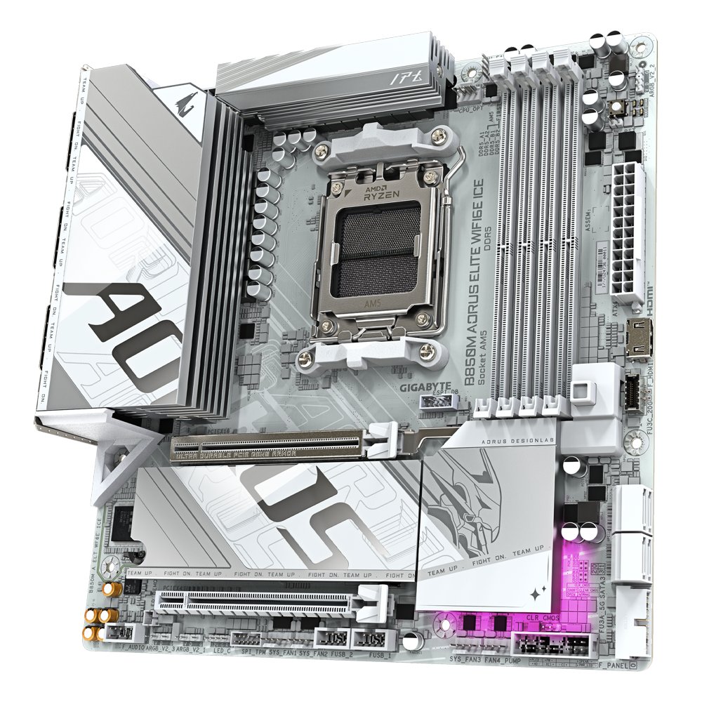 Gigabyte B850M AORUS ELITE WIFI6E ICE | Socket AM5 | AMD B850 | 4xDDR5 | Micro ATX | Moederbord 4 Gigabyte B850M AORUS ELITE WIFI6E ICE | Socket AM5 | AMD B850 | 4xDDR5 | Micro ATX | Moederbord - Afbeelding 4