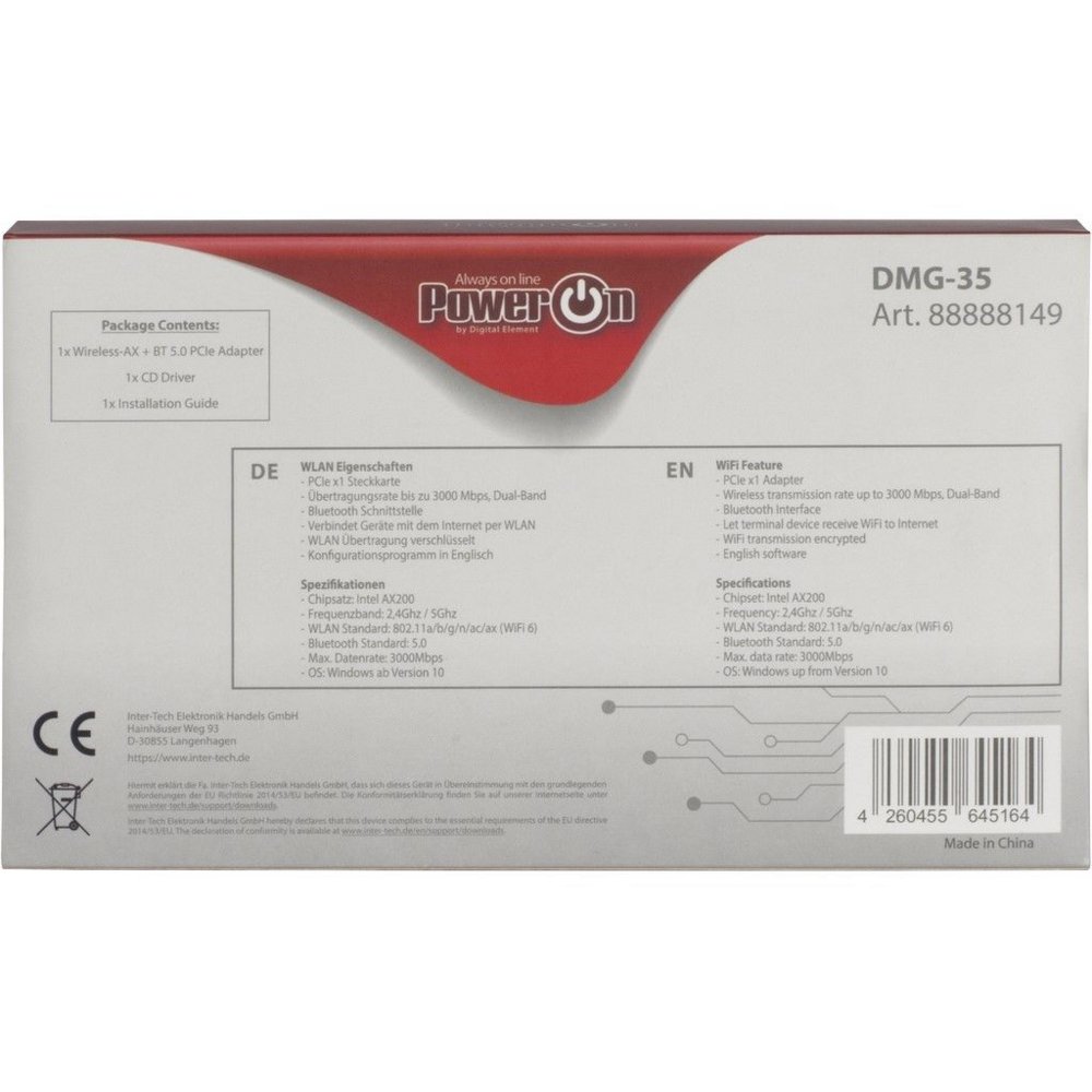 Inter-Tech DMG-35 | Wi-Fi 6 & Bluetooth 5.0 PCIe Adapter | 3000 Mbps | Dual-band (2,4 GHz / 5 GHz) | Intel AX200 Chipset | PCIe x1 6 Inter-Tech DMG-35 | Wi-Fi 6 & Bluetooth 5.0 PCIe Adapter | 3000 Mbps | Dual-band (2,4 GHz / 5 GHz) | Intel AX200 Chipset | PCIe x1 - Afbeelding 6