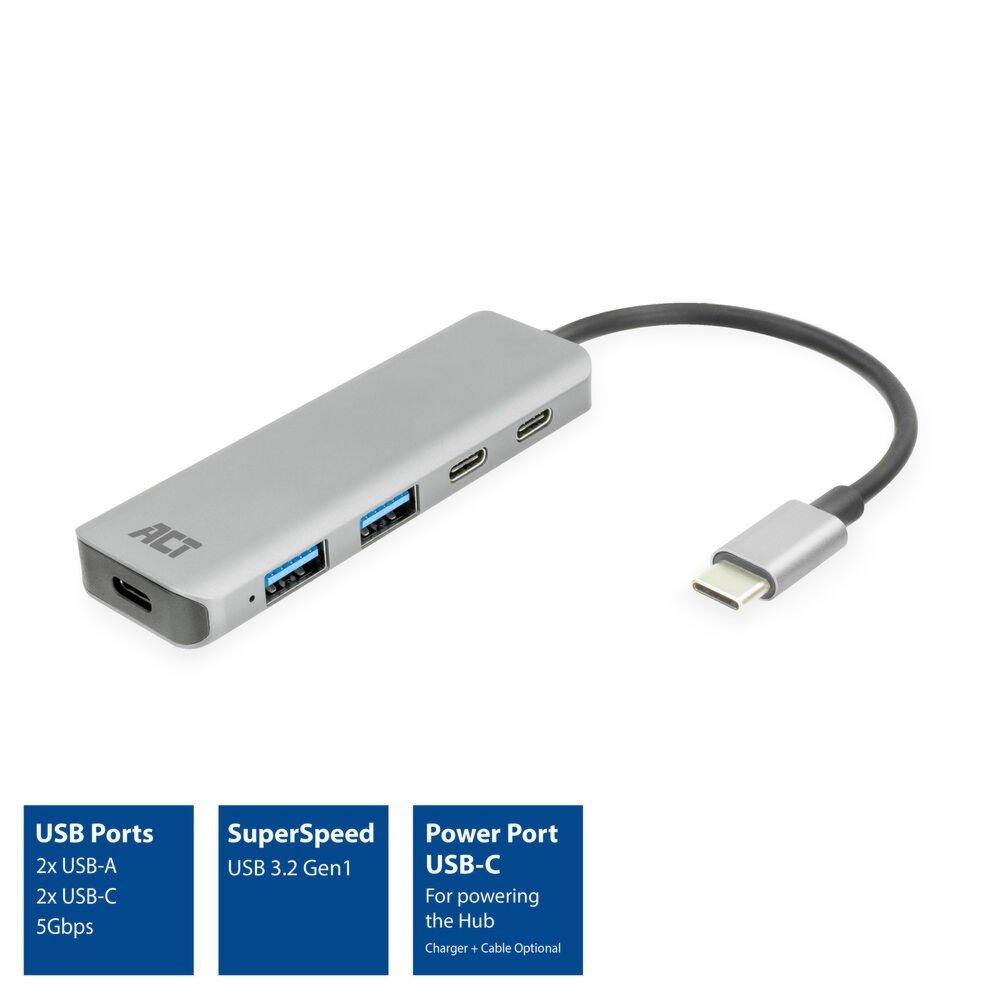 ACT AC7072 USB-C Hub 3.0 | 2x USB-A & 2x USB-C Poorten | 5 Gbps | Aluminium Behuizing | 12 cm Kabel 2 ACT AC7072 USB-C Hub 3.0 | 2x USB-A & 2x USB-C Poorten | 5 Gbps | Aluminium Behuizing | 12 cm Kabel - Afbeelding 2