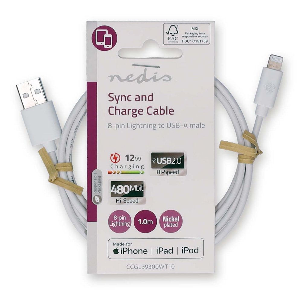 Nedis CCGL39300WT10 | Lightning-naar-USB-A kabel | 1 m | Lightning Male naar USB-A Male | Opladen en synchroniseren | Wit 3 Nedis CCGL39300WT10 | Lightning-naar-USB-A kabel | 1 m | Lightning Male naar USB-A Male | Opladen en synchroniseren | Wit - Afbeelding 3