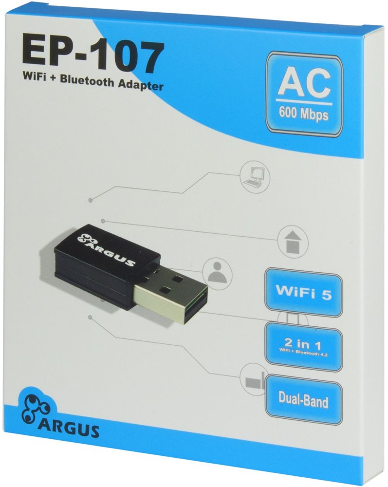 Argus EP-107 | Wi-Fi 5 USB Adapter | 600 Mbps | Dual-band (2,4 GHz / 5 GHz) | Bluetooth 4.2 | USB 2.0 2 4 GHz / 5 GHz) | Bluetooth 4.2 | USB 2.0