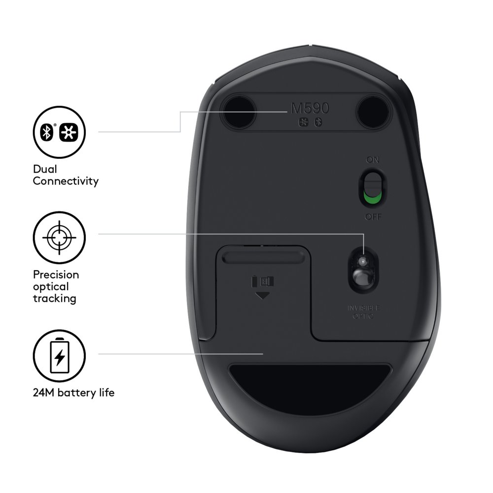 Logitech M590 Multi-Device Silent | Draadloze Muis | Rechtshandig | RF + Bluetooth | 1000 DPI | Zwart 6 Logitech M590 Multi-Device Silent | Draadloze Muis | Rechtshandig | RF + Bluetooth | 1000 DPI | Zwart - Afbeelding 6