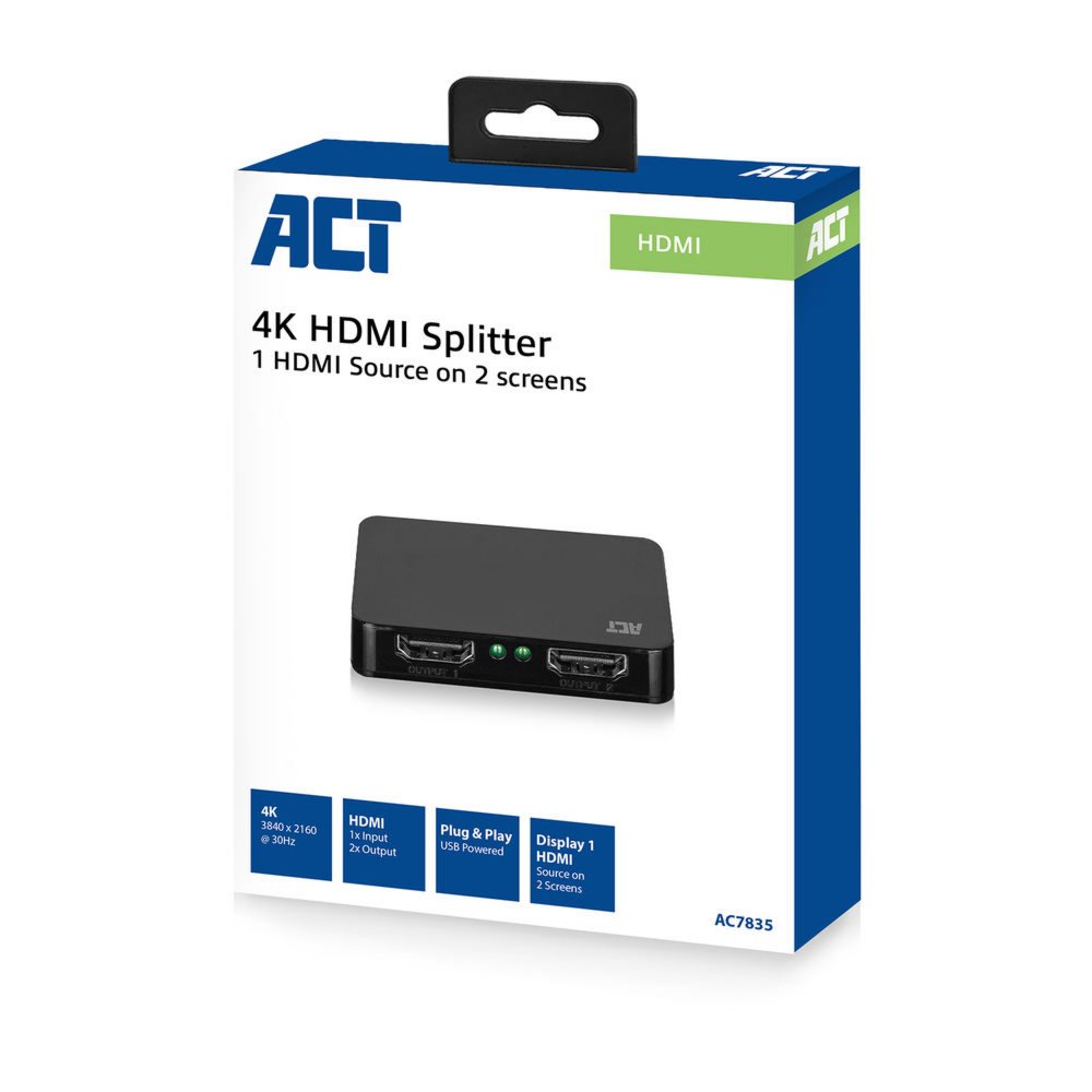 ACT AC7835 | 1x2 HDMI 1.4 Splitter | 4K @30Hz | HDCP 1.4 | USB-gevoed 3 ACT AC7835 | 1x2 HDMI 1.4 Splitter | 4K @30Hz | HDCP 1.4 | USB-gevoed - Afbeelding 3