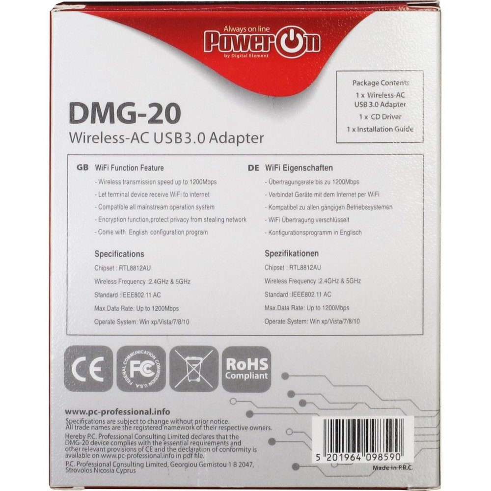 Inter-Tech DMG-20 | Wi-Fi 5 USB Adapter | 867 Mbps | Dual-band (2,4 GHz / 5 GHz) | USB 3.0 | Zwart 4 Inter-Tech DMG-20 | Wi-Fi 5 USB Adapter | 867 Mbps | Dual-band (2,4 GHz / 5 GHz) | USB 3.0 | Zwart - Afbeelding 4
