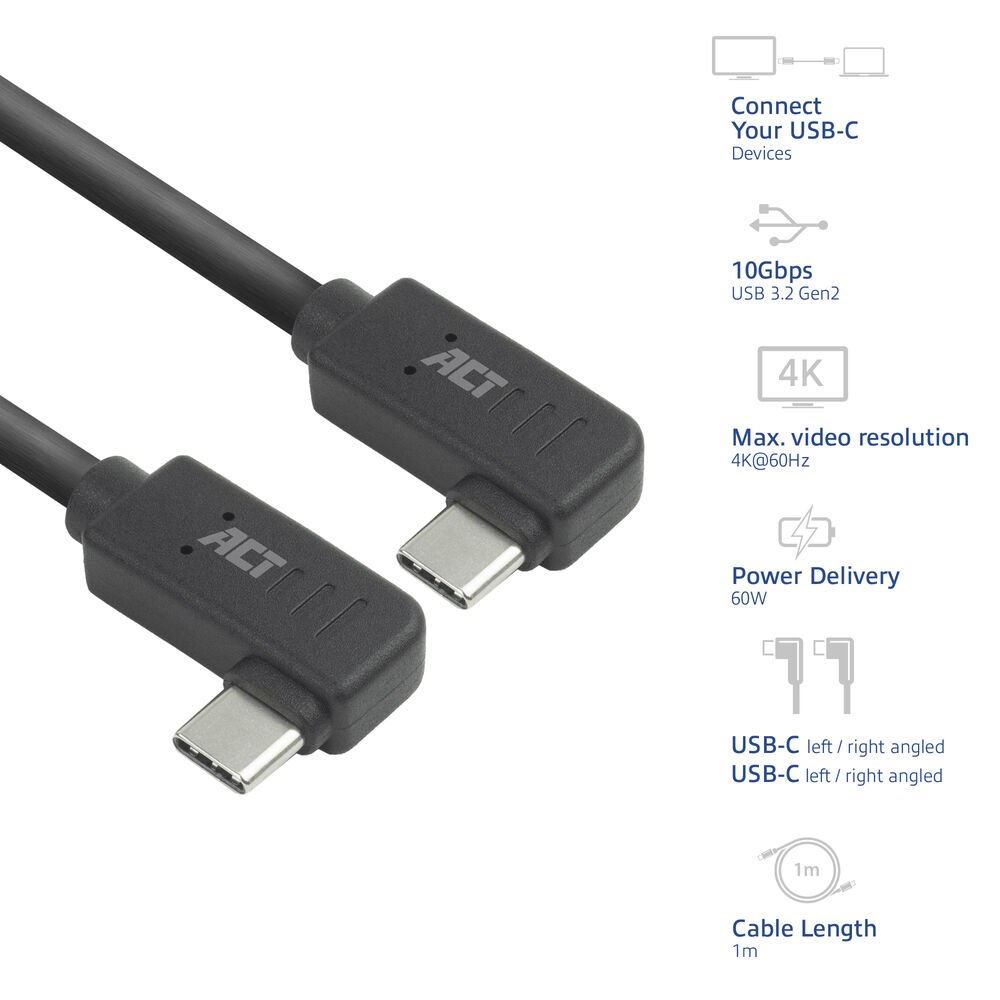 ACT AC7487 | USB 3.2 Gen 2 Kabel | USB-C (haaks links/rechts) naar USB-C (haaks links/rechts) | 60W | 10Gbps | 1m | Zwart 6 ACT AC7487 | USB 3.2 Gen 2 Kabel | USB-C (haaks links/rechts) naar USB-C (haaks links/rechts) | 60W | 10Gbps | 1m | Zwart - Afbeelding 6