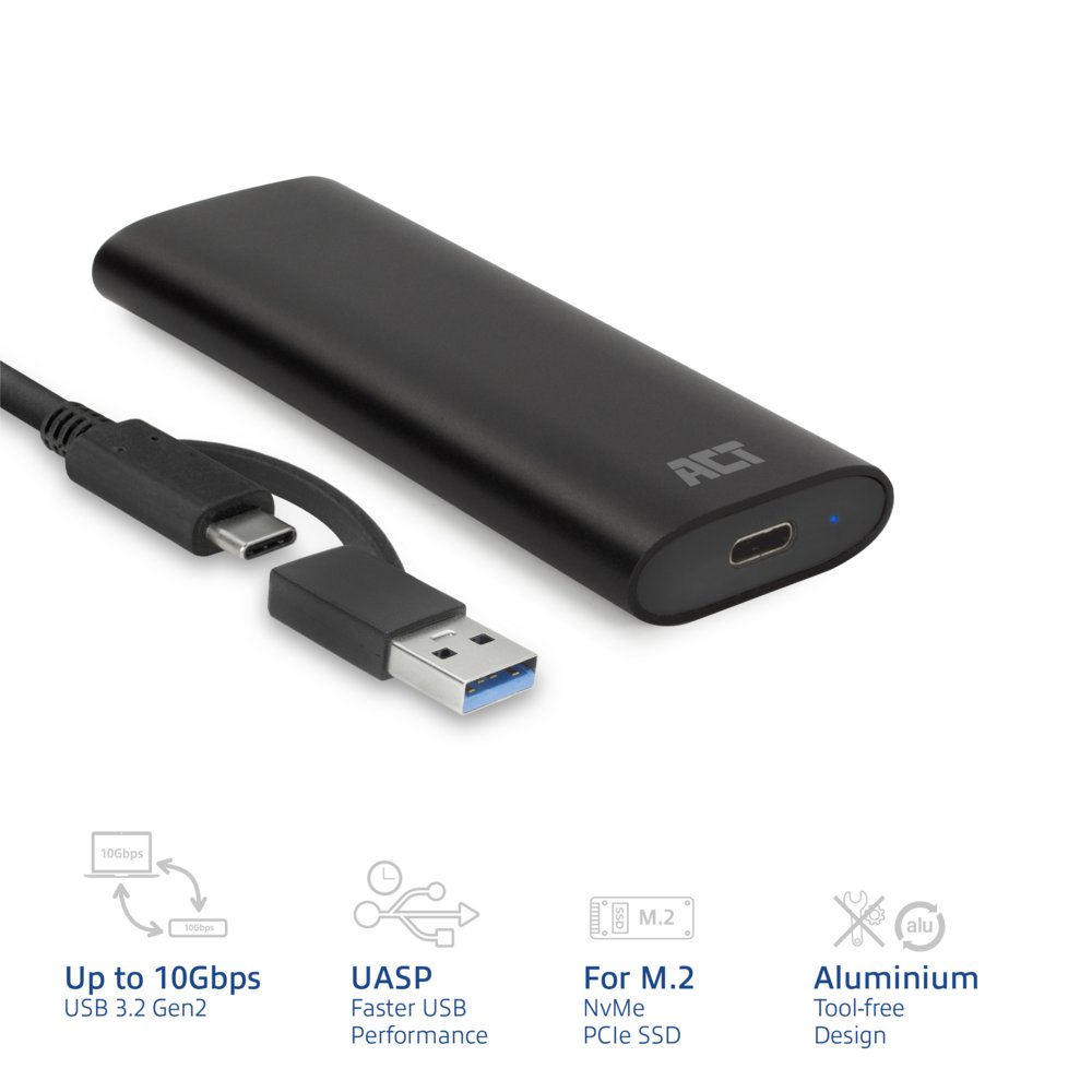 ACT AC1615 | USB-C M.2 NVMe/PCIe SSD Behuizing | Tool-Free | Aluminium | USB 3.2 Gen2 (10 Gbps) 3 ACT AC1615 | USB-C M.2 NVMe/PCIe SSD Behuizing | Tool-Free | Aluminium | USB 3.2 Gen2 (10 Gbps) - Afbeelding 3