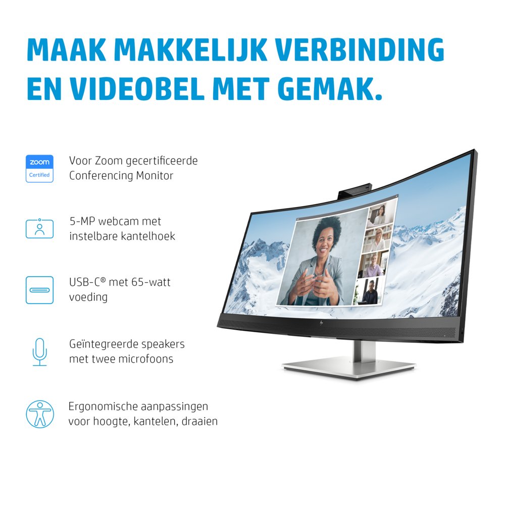 HP E34m G4 34" | 3440x1440 VA | 75Hz | Curved | USB-C | Webcam, Microphone & Speakers | Conferencing Monitor | Ergonomic Design 12 HP E34m G4 34" | 3440x1440 VA | 75Hz | Curved | USB-C | Webcam, Microphone & Speakers | Conferencing Monitor | Ergonomic Design - Afbeelding 12