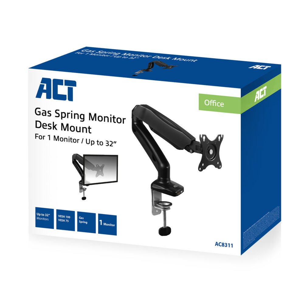ACT AC8311 | Verstelbare Monitor-bureaubeugel | Tot 32" | Max 9kg | VESA 100x100 | 1 Monitor 2 ACT AC8311 | Verstelbare Monitor-bureaubeugel | Tot 32" | Max 9kg | VESA 100x100 | 1 Monitor - Afbeelding 2