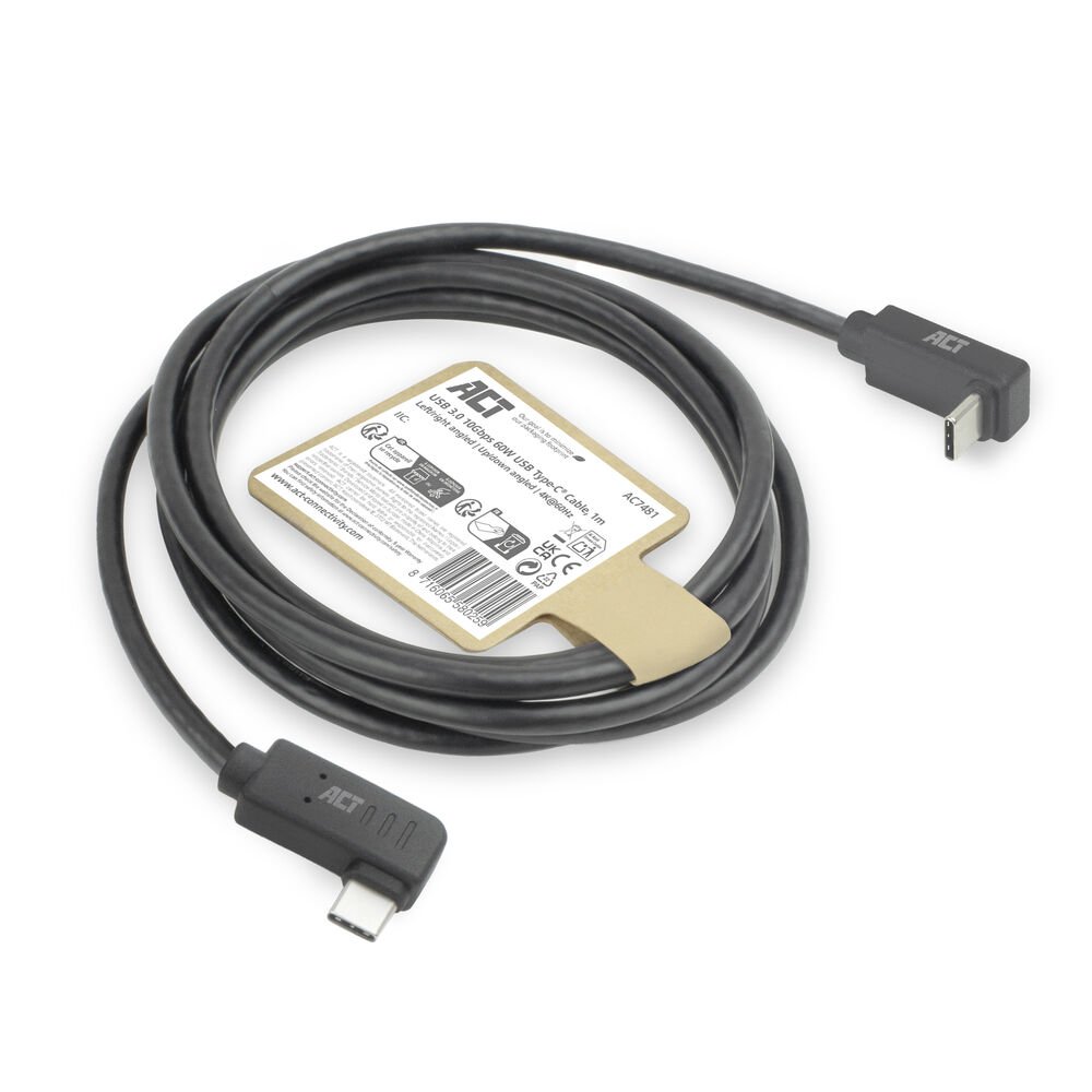 ACT AC7481 | USB 3.2 Gen 2 Kabel | USB-C (haaks links/rechts) naar USB-C (haaks boven/beneden) | 60W | 10Gbps | 1m | Zwart 7 ACT AC7481 | USB 3.2 Gen 2 Kabel | USB-C (haaks links/rechts) naar USB-C (haaks boven/beneden) | 60W | 10Gbps | 1m | Zwart - Afbeelding 7