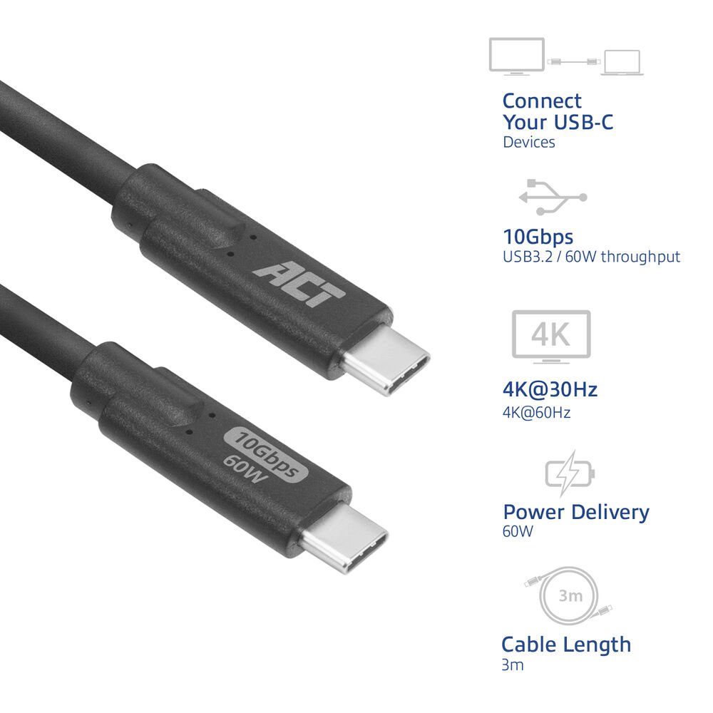 ACT AC7443 | USB 3.2 Kabel | 10Gbps | 60W | USB-C naar USB-C | 3m | Zwart 2 ACT AC7443 | USB 3.2 Kabel | 10Gbps | 60W | USB-C naar USB-C | 3m | Zwart - Afbeelding 2