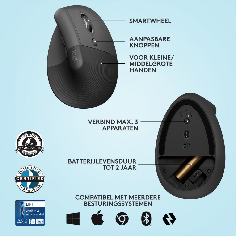 Logitech Lift | Ergonomische Draadloze Muis | Rechtshandig | RF + Bluetooth | 4000 DPI | Grafiet 9 Logitech Lift | Ergonomische Draadloze Muis | Rechtshandig | RF + Bluetooth | 4000 DPI | Grafiet - Afbeelding 9
