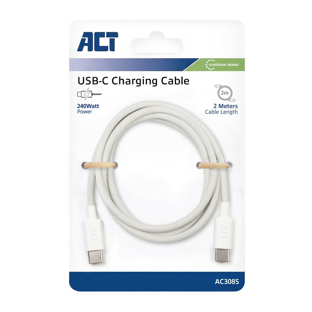 ACT AC3085 | USB 2.0 Kabel | USB-C naar USB-C | 240W | 480Mbps | Wit | 2 Meter 5 ACT AC3085 | USB 2.0 Kabel | USB-C naar USB-C | 240W | 480Mbps | Wit | 2 Meter - Afbeelding 5