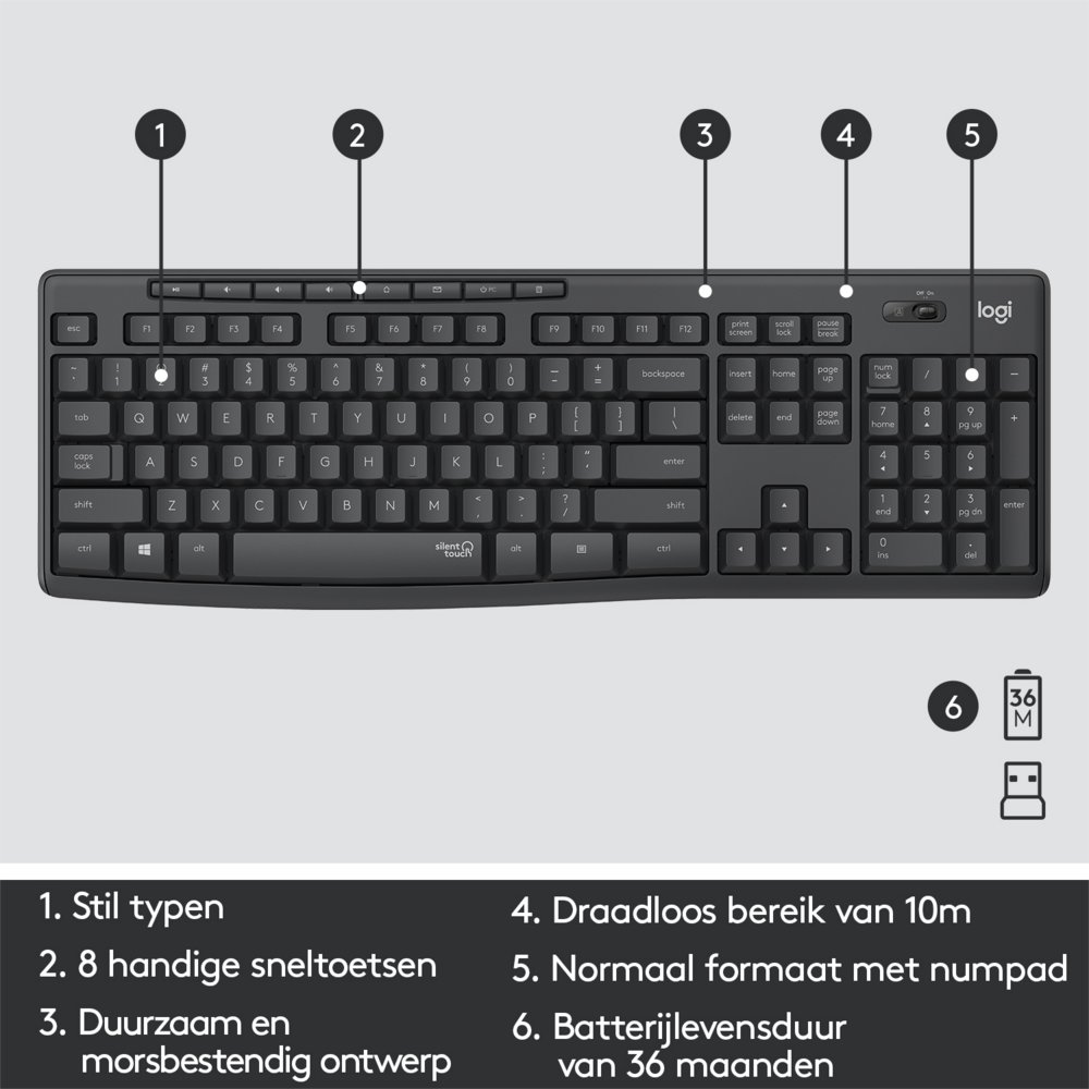 Logitech MK295 Silent | Draadloze Muis en Toetsenbordcombo | QWERTY 11 Logitech MK295 Silent | Draadloze Muis en Toetsenbordcombo | QWERTY - Afbeelding 11