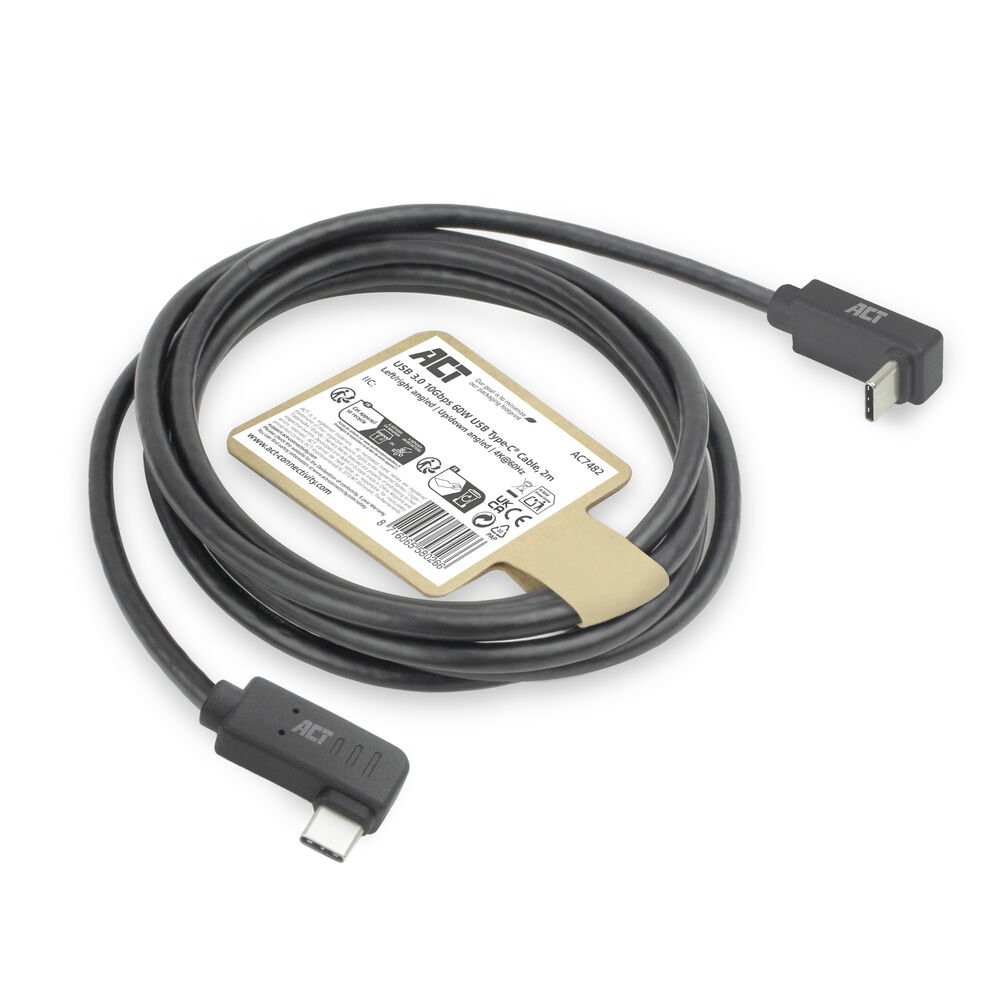 ACT AC7482 | USB 3.2 Gen 2 Kabel | USB-C (haaks links/rechts) naar USB-C (haaks boven/beneden) | 60W | 10Gbps | 2m | Zwart 7 ACT AC7482 | USB 3.2 Gen 2 Kabel | USB-C (haaks links/rechts) naar USB-C (haaks boven/beneden) | 60W | 10Gbps | 2m | Zwart - Afbeelding 7