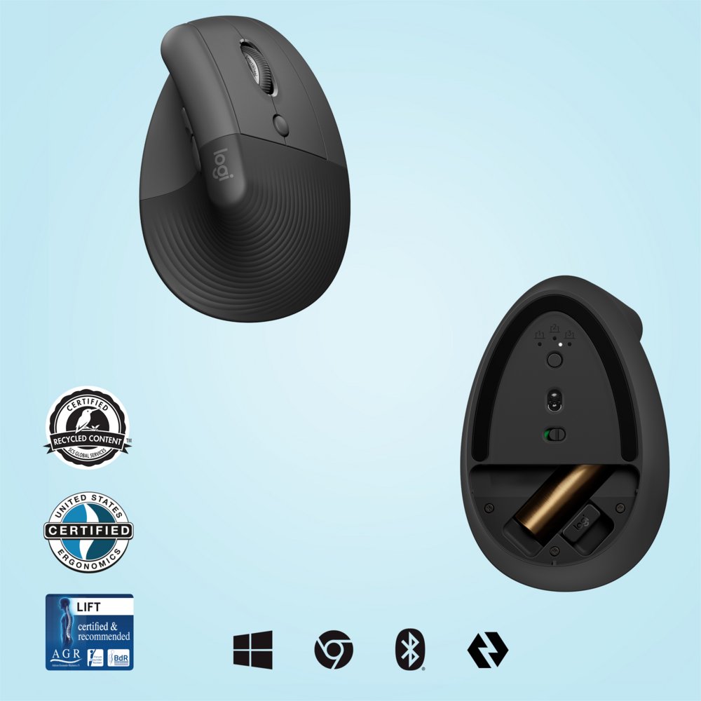 Logitech Lift | Ergonomische Draadloze Muis | Rechtshandig | RF + Bluetooth | 4000 DPI | Grafiet 5 Logitech Lift | Ergonomische Draadloze Muis | Rechtshandig | RF + Bluetooth | 4000 DPI | Grafiet - Afbeelding 5