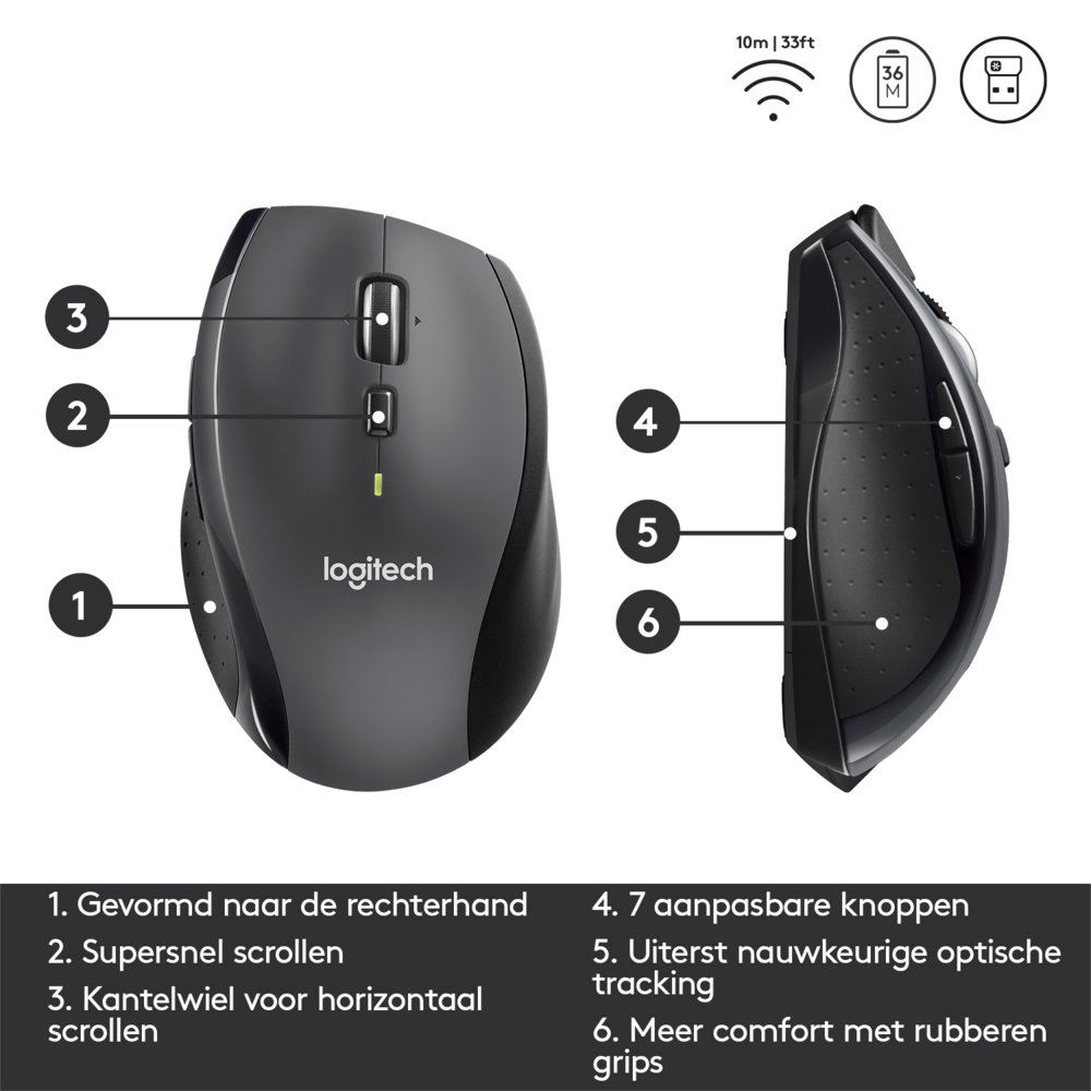 Logitech Marathon M705 | Draadloze Muis | Rechtshandig | RF | 1000 DPI | Zwart 11 Logitech Marathon M705 | Draadloze Muis | Rechtshandig | RF | 1000 DPI | Zwart - Afbeelding 11