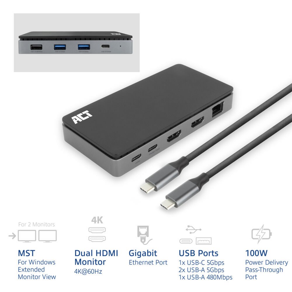 ACT AC7093 | USB-C 4K Docking Station | 2x HDMI + Ethernet + USB-C/USB-A + PD | 1m Kabel 4 ACT AC7093 | USB-C 4K Docking Station | 2x HDMI + Ethernet + USB-C/USB-A + PD | 1m Kabel - Afbeelding 4