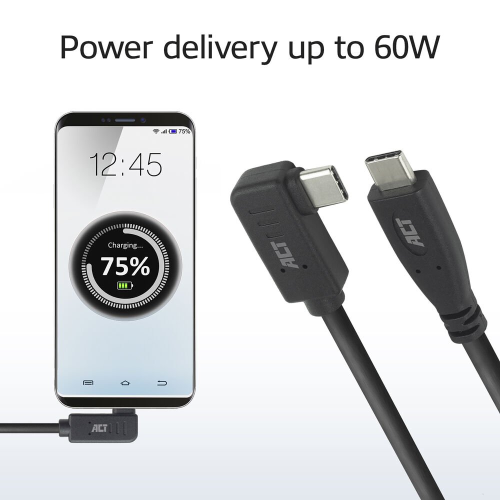 ACT AC7408 | USB 3.2 Gen 2 Kabel | USB-C (recht) naar USB-C (haaks links/rechts) | 60W | 10Gbps | 3m | Zwart 3 ACT AC7408 | USB 3.2 Gen 2 Kabel | USB-C (recht) naar USB-C (haaks links/rechts) | 60W | 10Gbps | 3m | Zwart - Afbeelding 3