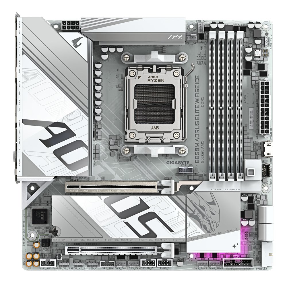 Gigabyte B850M AORUS ELITE WIFI6E ICE | Socket AM5 | AMD B850 | 4xDDR5 | Micro ATX | Moederbord 2 Gigabyte B850M AORUS ELITE WIFI6E ICE | Socket AM5 | AMD B850 | 4xDDR5 | Micro ATX | Moederbord - Afbeelding 2