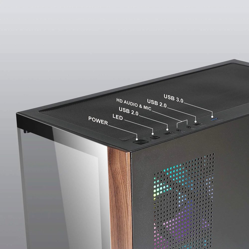 Case Azza Neptun 491 | Midi Tower | RGB | Zwart en Hout 2 Case Azza Neptun 491 | Midi Tower | RGB | Zwart en Hout - Afbeelding 2