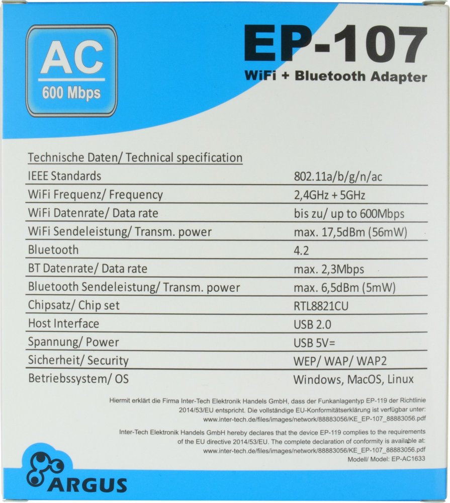 Argus EP-107 | Wi-Fi 5 USB Adapter | 600 Mbps | Dual-band (2,4 GHz / 5 GHz) | Bluetooth 4.2 | USB 2.0 3 Argus EP-107 | Wi-Fi 5 USB Adapter | 600 Mbps | Dual-band (2,4 GHz / 5 GHz) | Bluetooth 4.2 | USB 2.0 - Afbeelding 3