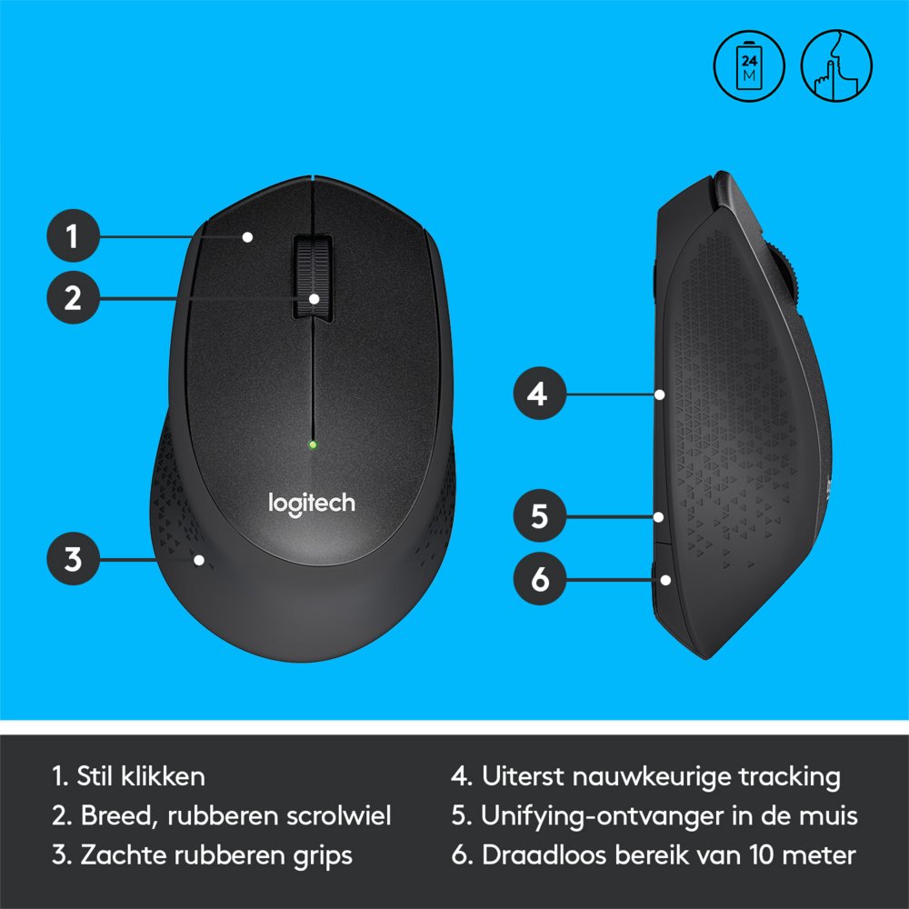 Logitech M330 Silent | Draadloze Muis | Rechtshandig | RF | 1000 DPI | Zwart 7 Logitech M330 Silent | Draadloze Muis | Rechtshandig | RF | 1000 DPI | Zwart - Afbeelding 7