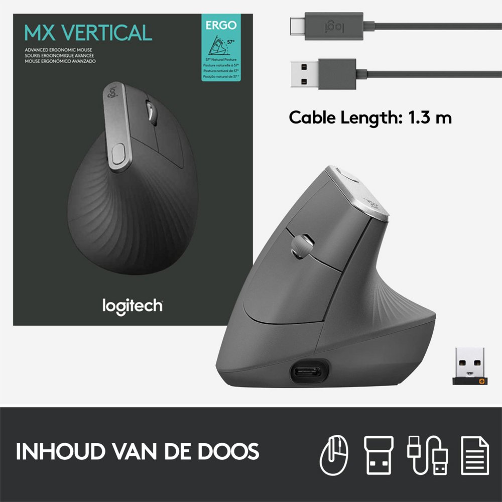 Logitech MX Vertical | Draadloze Ergonomische Muis | Rechtshandig | RF + Bluetooth + USB-C | 4000 DPI suggestie | Grafiet 9 Logitech MX Vertical | Draadloze Ergonomische Muis | Rechtshandig | RF + Bluetooth + USB-C | 4000 DPI suggestie | Grafiet - Afbeelding 9