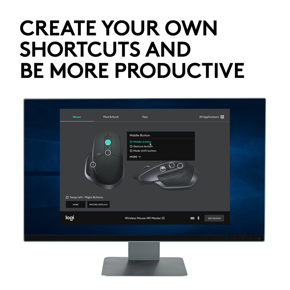 Logitech MX Master 2S | Draadloze Muis | Rechtshandig | RF + Bluetooth | 4000 DPI | Grafiet 9 Logitech MX Master 2S | Draadloze Muis | Rechtshandig | RF + Bluetooth | 4000 DPI | Grafiet - Afbeelding 9
